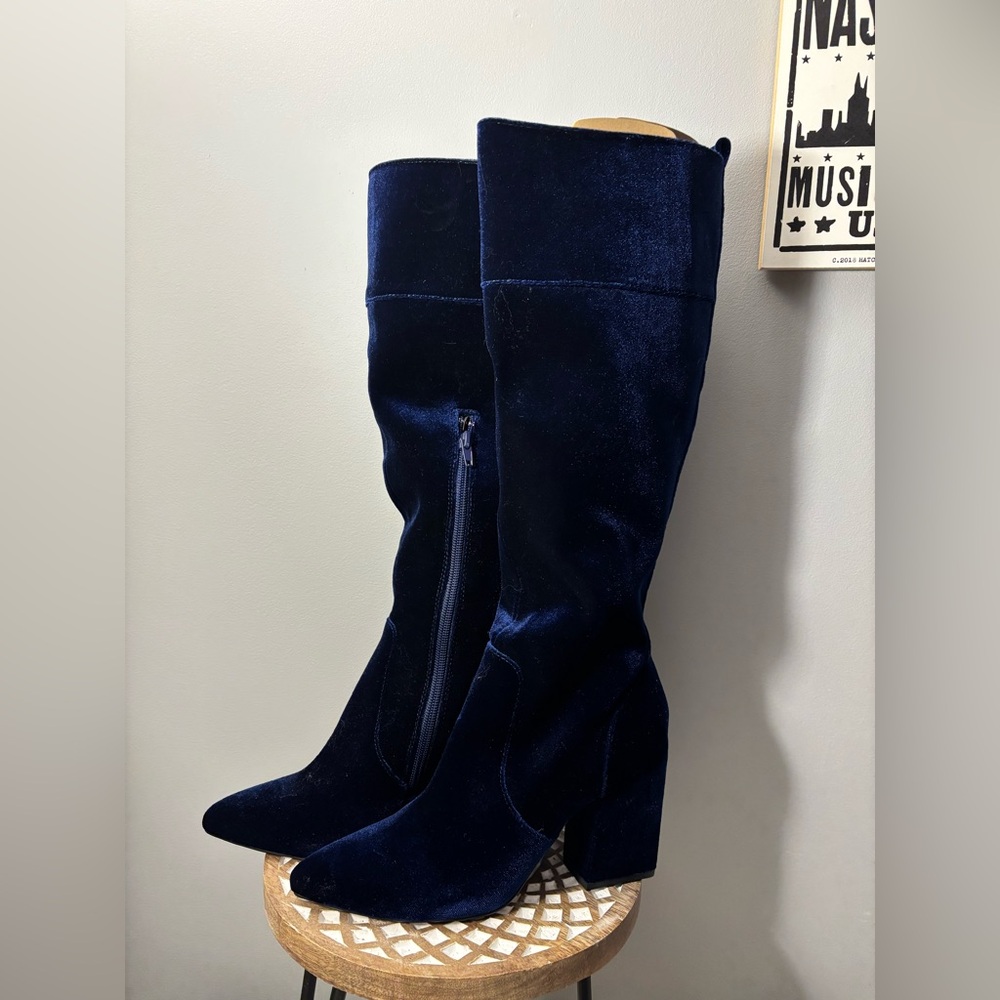 NWT Kensie Talbert Elegant Navy Blue Velvet Knee-High Women Boots